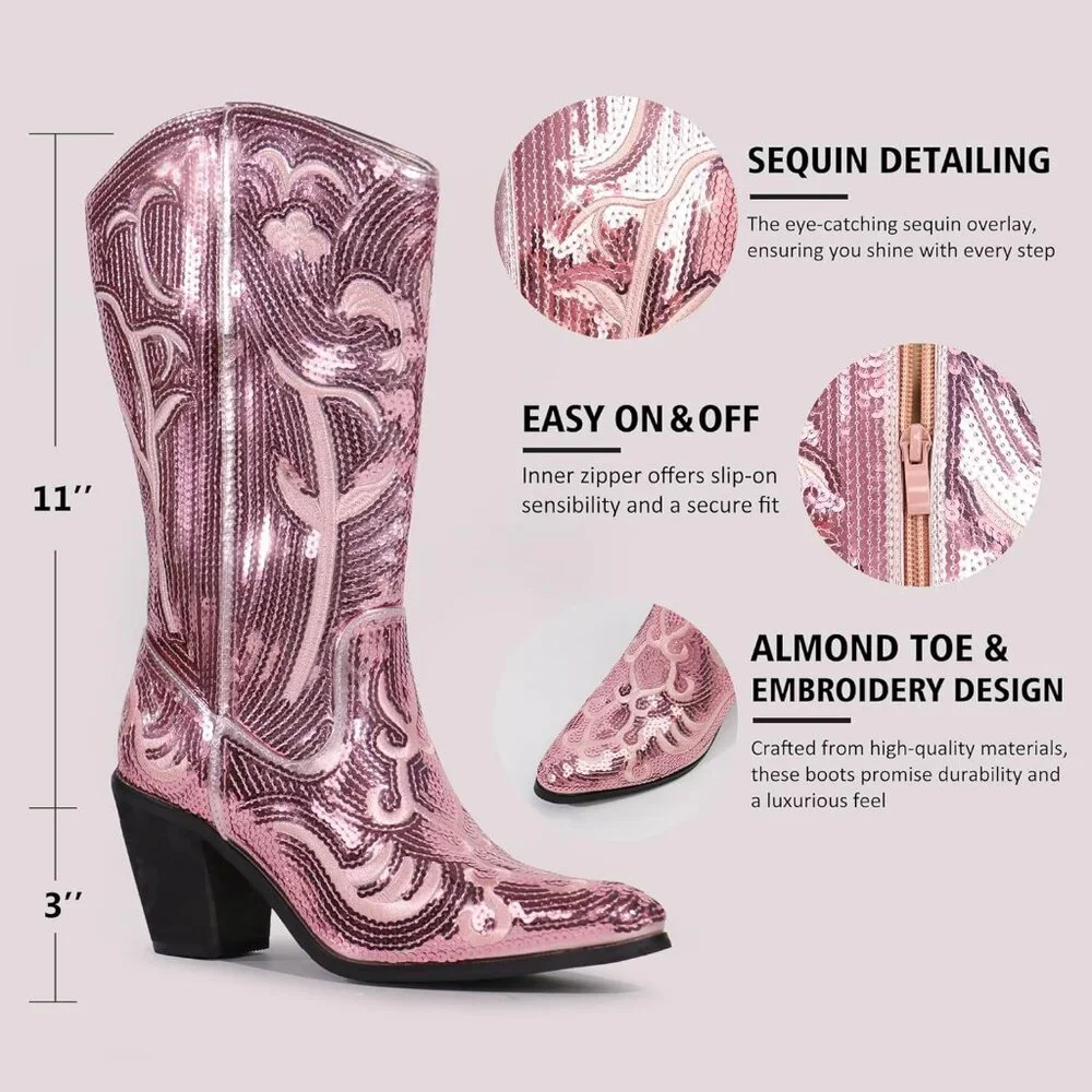 Women's Sequin Light Pink Fashion Western Zipper Pointed Toe Embroidered Boots - Picture 5 of 6